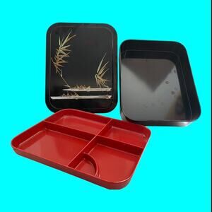 GET Enterprises Bento Box B-171-F Bento Tray Black w Gold Bamboo Decor Red Tray
